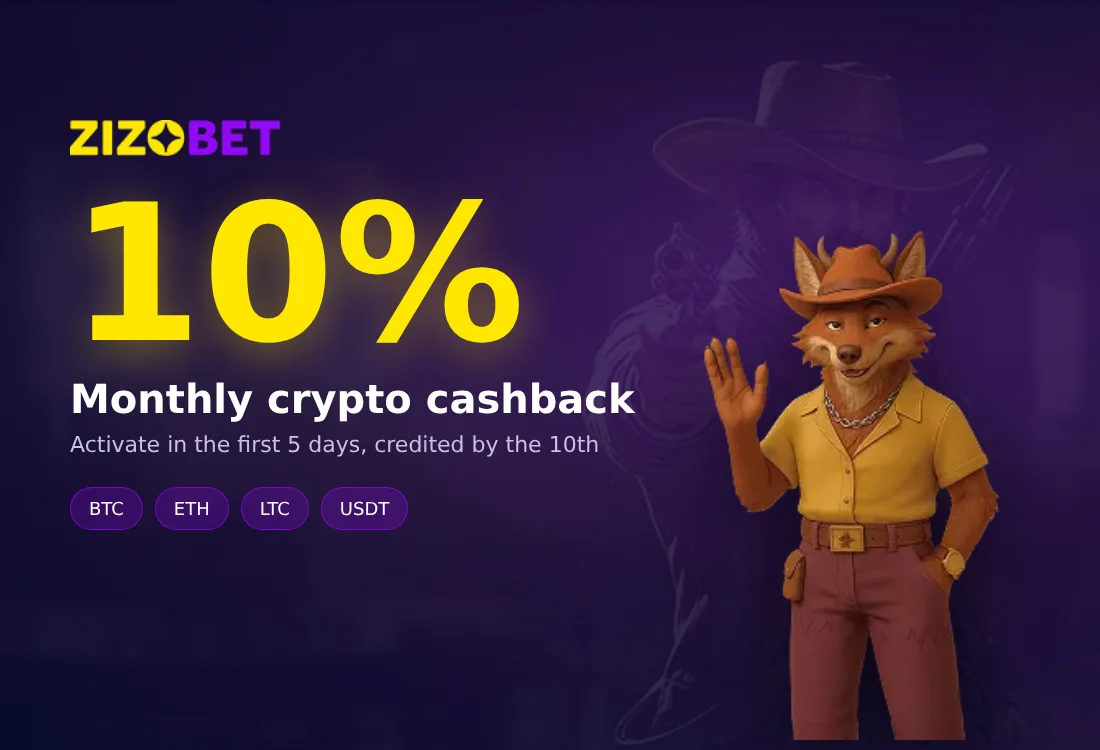 Zizobet 10% monthly crypto cashback with the fox mascot