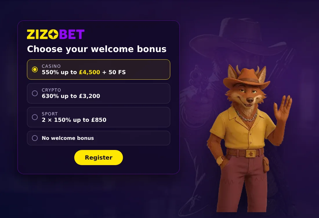 Zizobet sign-up form with three welcome offers